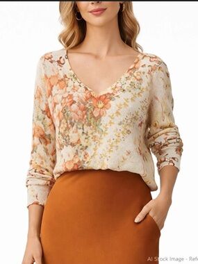Anthropologie Floral Linen blend V-Neck Long Sleeve Top in Cream and Orange